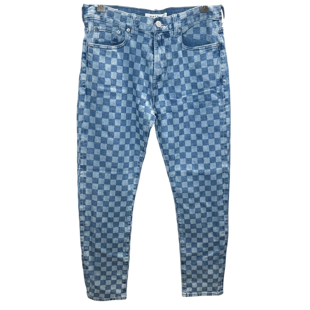 PacSun Blue Checkerboard Slim Taper Denim Jeans Men's 30x32 Comfort Stretch - Picture 3 of 8